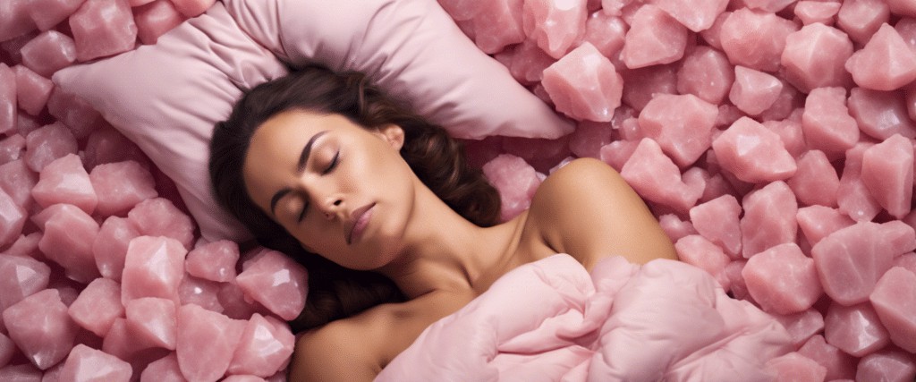 Woman sleeping over a bed of rose quartz. Dreaming of crystals and their meaning