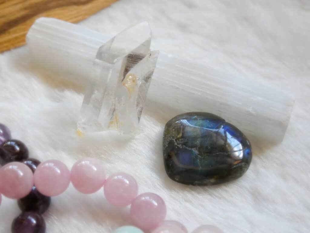 Selenite, Labradorite Heart and Quartz Point