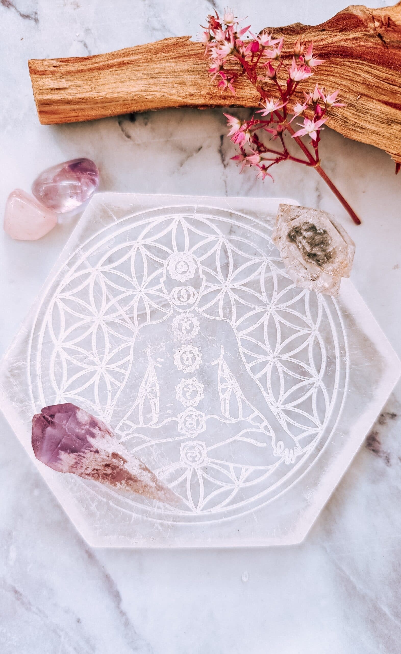 Selenite Charging Plate with Holywood, Palo Santo. Learn Crystal Reiki Online with Remember Love