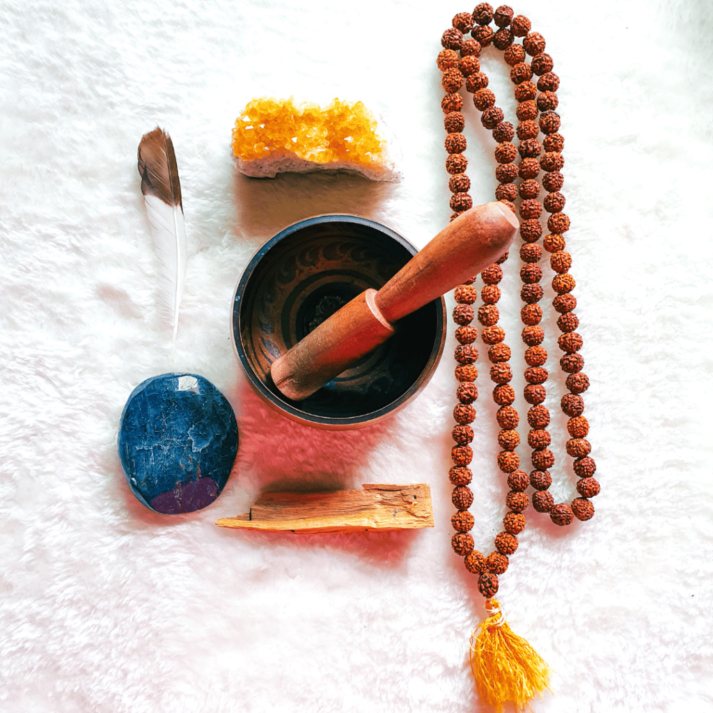 Singing Bowl with Crystals. Practices for self care for mind, body and spirit