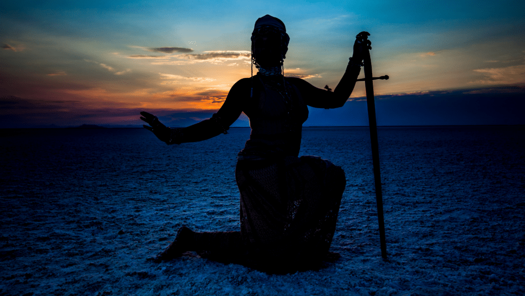 Shadow of woman holding sword against desert background with sunset.