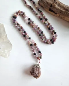 Spirit Quartz Pendant Necklace with Rose Quartz and Tourmaline with Pink thread. Necklace for Joy, Peace and Protection