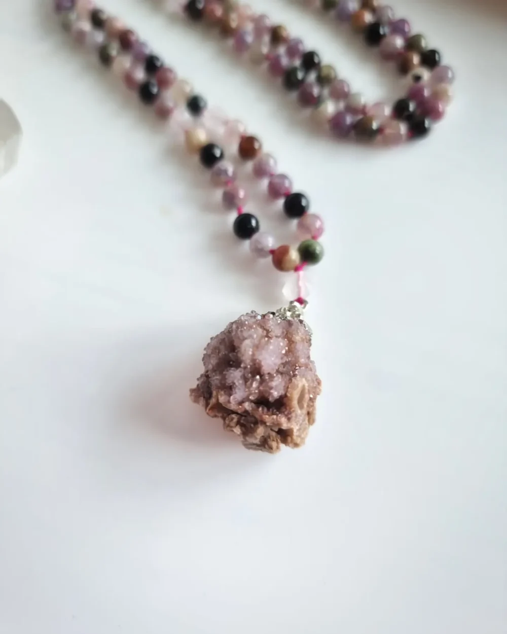Spirit Quartz Pendant Necklace with Rose Quartz and Tourmaline with Pink thread. Necklace for Joy, Peace and Protection