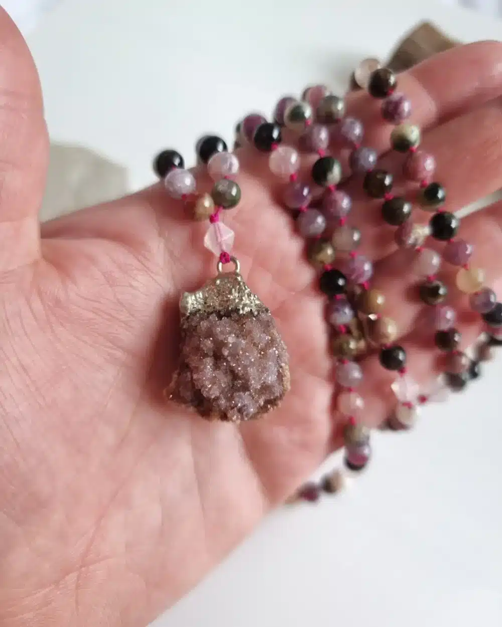 Spirit Quartz Pendant Necklace with Rose Quartz and Tourmaline with Pink thread. Necklace for Joy, Peace and Protection