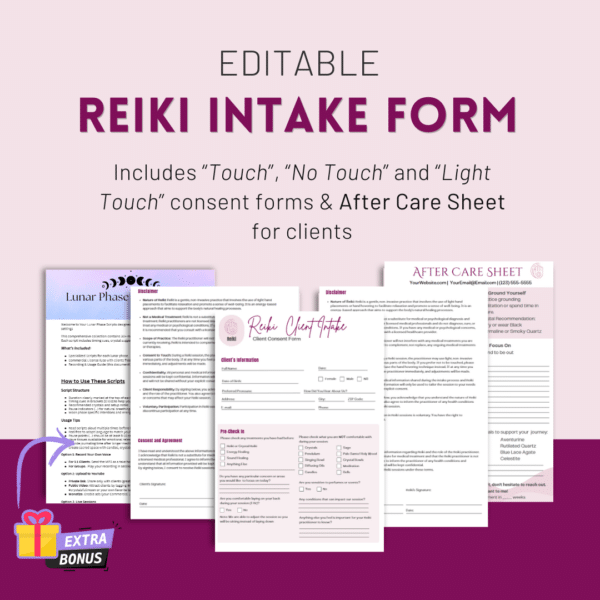 Editable Reiki . Included is Intake form "touch", "no touch" and "light touch" consent form and after care sheet for clients. Includes Lunar Phase Meditation Bonus content