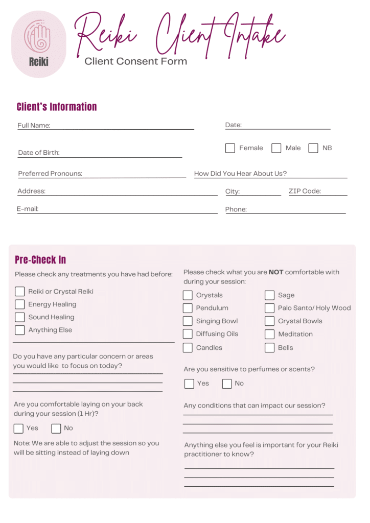 Reiki Intake Form for Practitioners - Downloadable & Editable Template ...