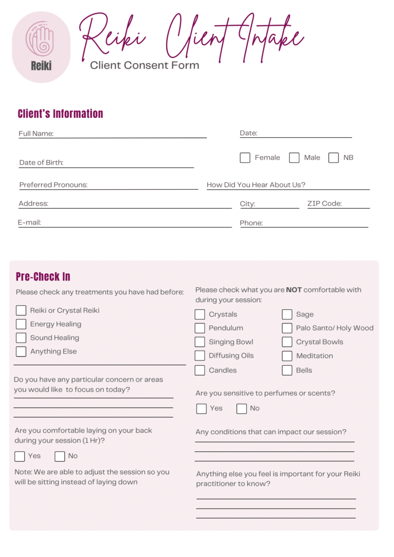 Reiki Intake Form for Practitioners - Downloadable & Editable Template ...