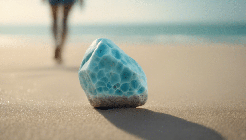  A larimar stone on a sandy beach. Dreaming of larimar.