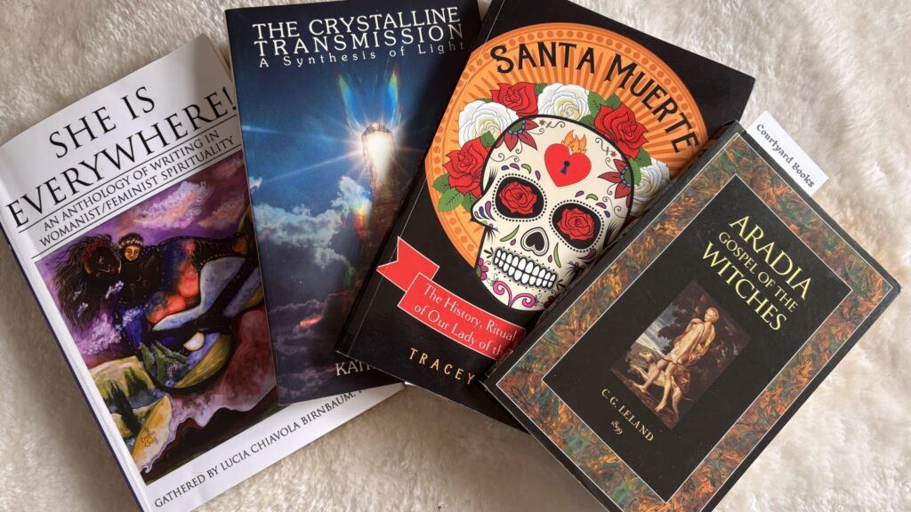 Books purchased at Courtyard Bookstore in Glastonbury town. "She is Everywhere", "The Crystalline Transmission", "Santa Muerte", "Aradia Gospel of the Witches". Glastonbury Town is a place of spirituality for those on their own personal spiritual journey. 